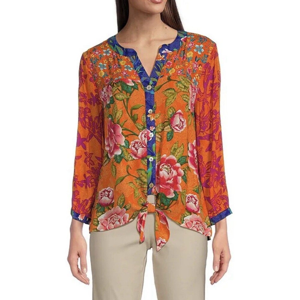 John Mark Button Up Down Shirt Tunic Blouse Top Womens 3X Orange Floral Colorful